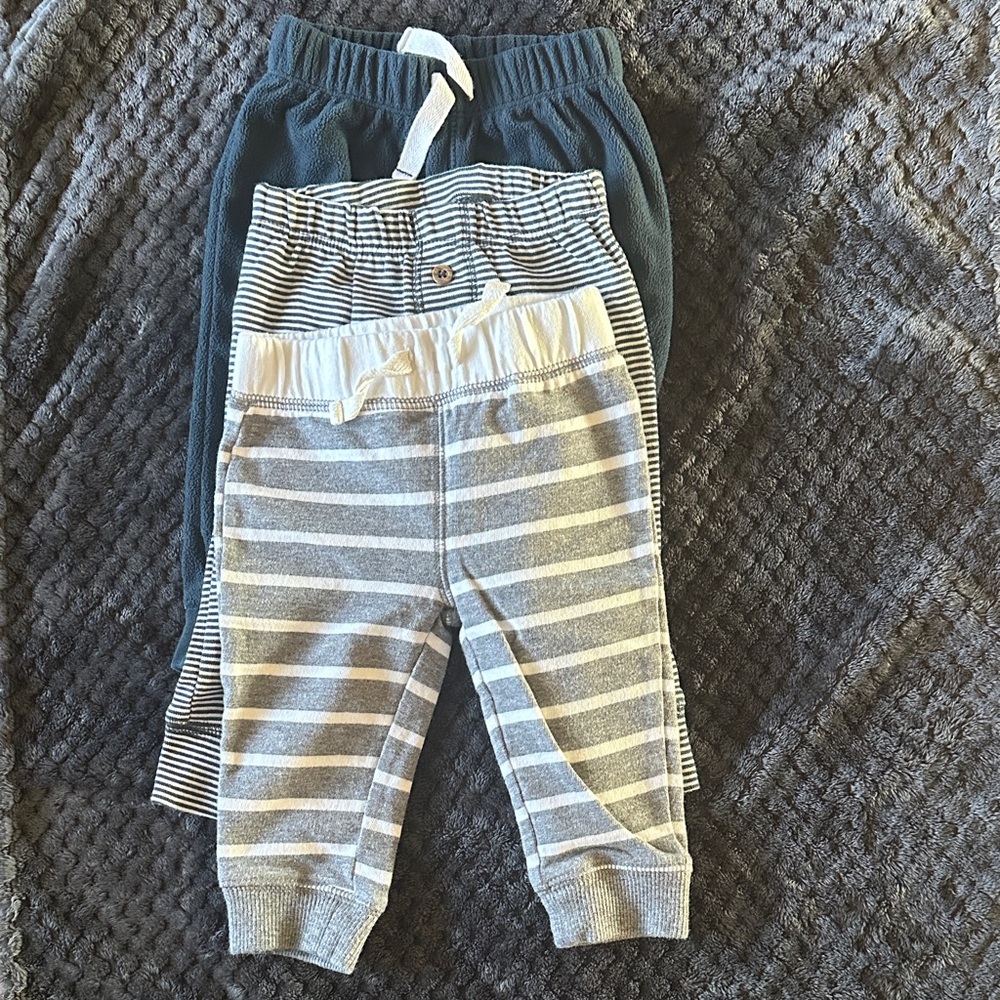Carter's 2 pairs or Gray and White Stripe and 1 pair of Navy Blue Baby Pants